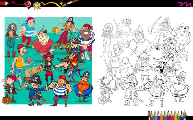 Vetor livro de colorir grupo de personagens piratas