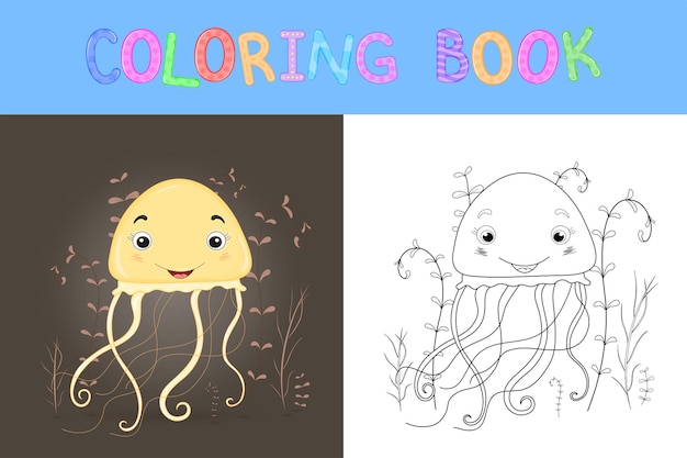 Livro de colorir infantil com animais dos desenhos animados. tarefas educacionais para crianças pré-escolares água-viva fofa.