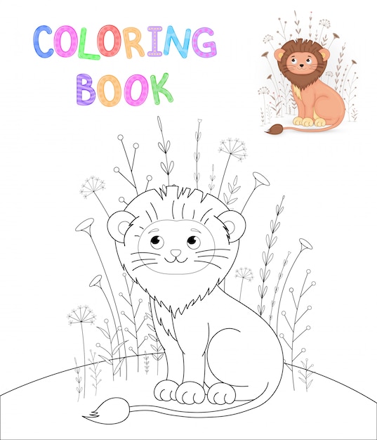 Livro de colorir infantil com animais dos desenhos animados. tarefas educacionais para crianças pré-escolares leão bonito