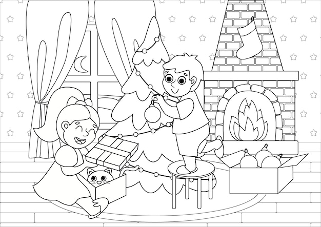 Livro de colorir infantil com crianças fofas decorando a árvore de Natal e abrindo presentes.