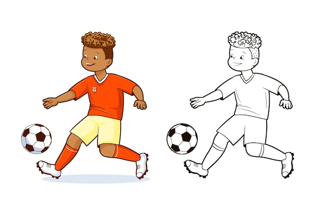 Livro de colorir, jogadores de futebol adolescentes chutam a bola de futebol. vetor, ilustração em estilo cartoon plana, quadrinhos