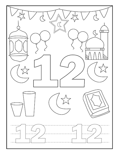 Livro de colorir número do Ramadã para crianças com desenhos fofos