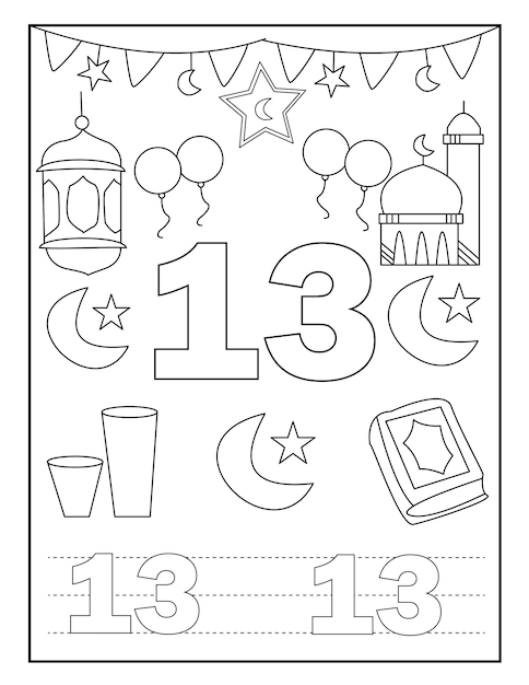 Livro de colorir número do ramadã para crianças com desenhos fofos