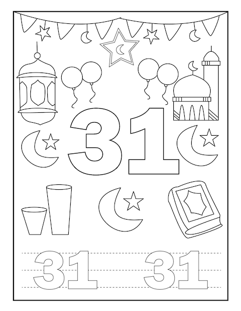Livro de colorir número do Ramadã para crianças com desenhos fofos