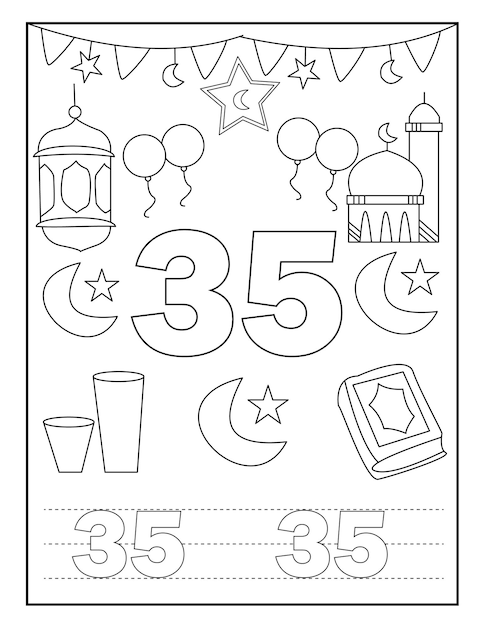 Livro de colorir número do Ramadã para crianças com desenhos fofos
