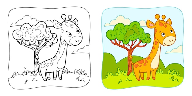 Livro de colorir ou página de colorir para crianças clipart de vetor de girafa fundo da natureza