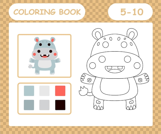 Livro de colorir ou página de desenho animado hipopótamo fofo