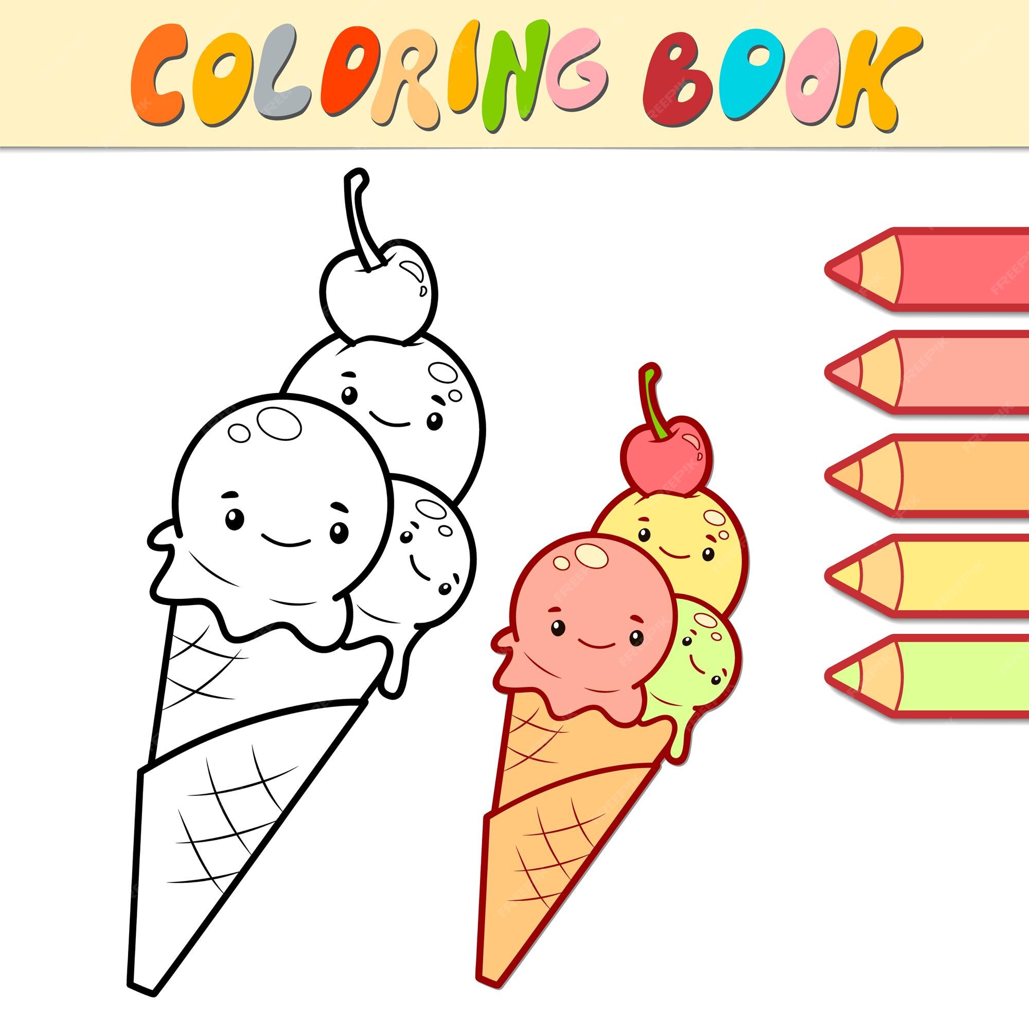 No livro de colorir, o melhor é que você pode pintar tudo do jeito que você  quiser! Então, se seu sorvete favorito é o de chocolate, você pode pintar  a