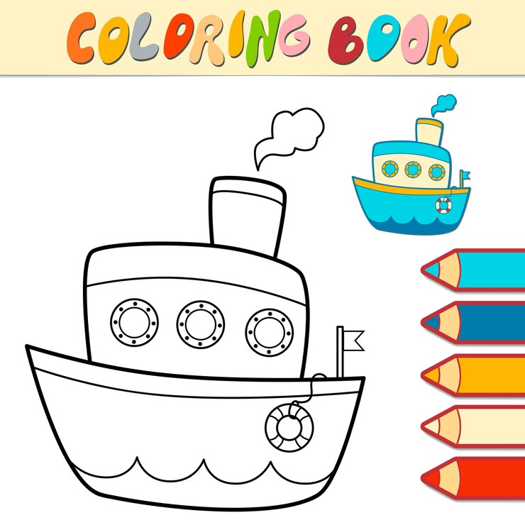 Vetor livro de colorir ou página para crianças. ilustração em preto e branco do navio