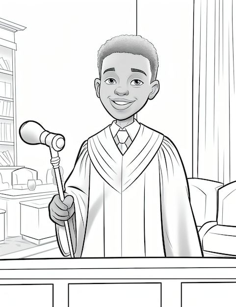 Vetor livro de colorir para criança afro-americana de 6 anos, menino negro como juiz com vestido e martelo