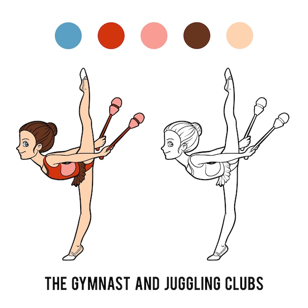 Livro de colorir para crianças, a ginasta e clubes de malabarismo