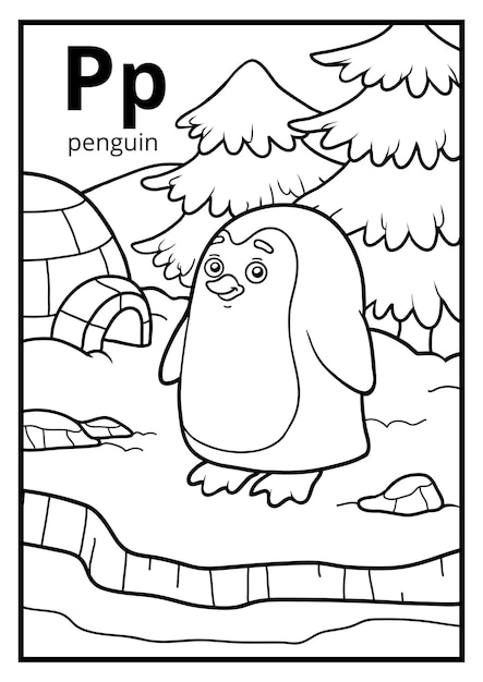 Livro de colorir para crianças, alfabeto incolor. letra p, pinguim