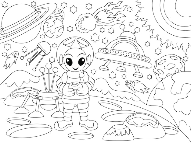 Desenho de alien no espaço para colorir para crianças