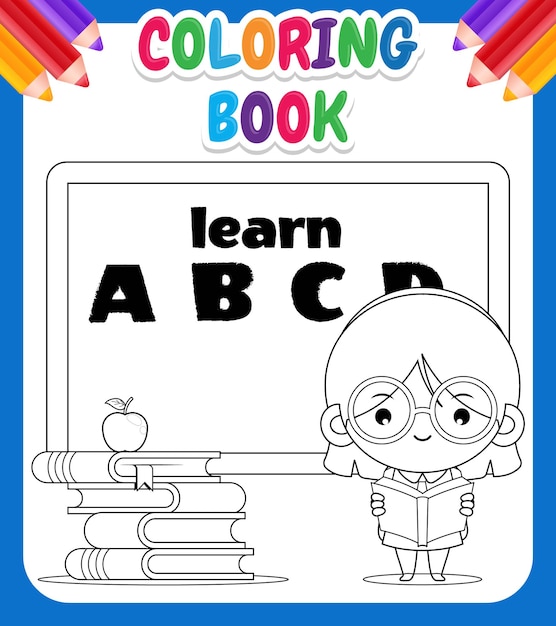 Livro de colorir para crianças. aluna de desenho animado bonito lendo com quadro de giz no fundo