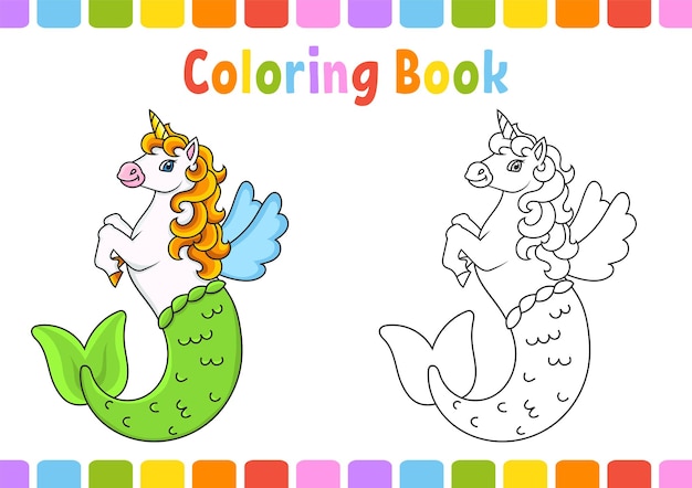 Livro de colorir para crianças bonito personagem de desenho animado de unicórnio de sereia