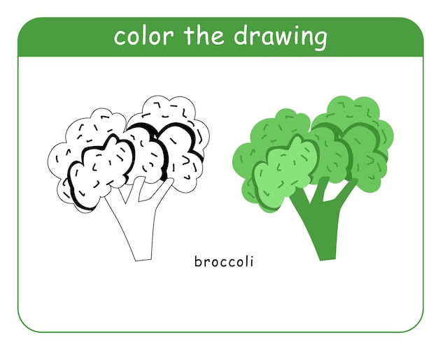 Livro de colorir para crianças Brócolis em cores e preto e branco