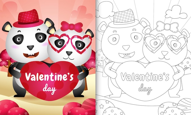 Livro de colorir para crianças com casal de ursos panda fofo do dia dos namorados ilustrado