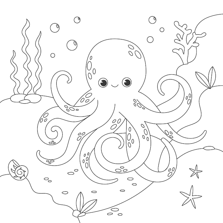 Vetor livro de colorir para crianças com polvo, fundo marinho, algas, desenhos simples e engraçados para crianças.