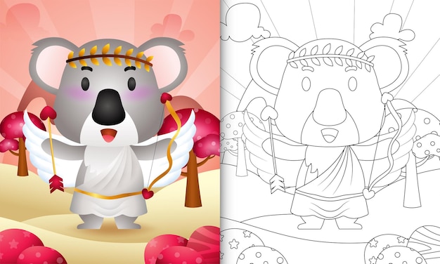 Livro de colorir para crianças com um anjo coala fofo usando fantasia de cupido com o tema do dia dos namorados