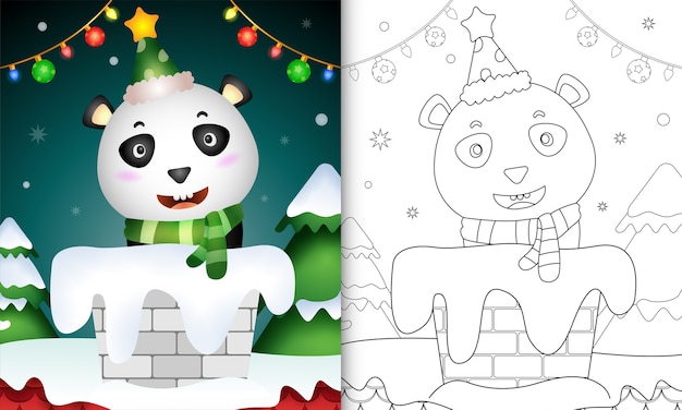 Livro de colorir para crianças com um panda fofo usando chapéu de papai noel e lenço na chaminé