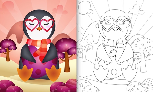 Livro de colorir para crianças com um pinguim fofo abraçando o coração com o tema do dia dos namorados
