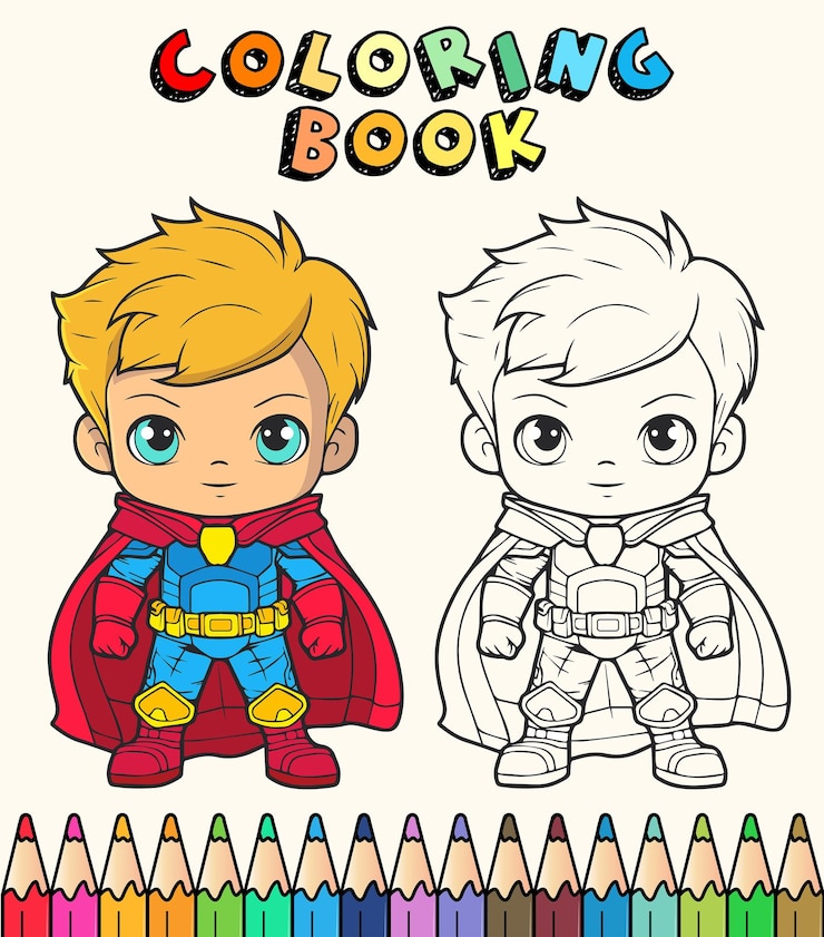 Vetor livro de colorir para crianças com um super-herói e um menino fantasiado de super-herói.