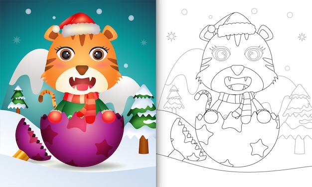 Livro de colorir para crianças com um tigre fofo usando chapéu de papai noel e lenço na bola de natal