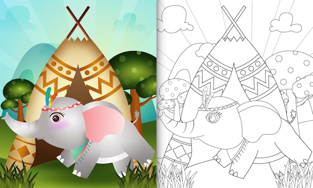 Livro de colorir para crianças com uma ilustração do personagem bonito do elefante boho tribal