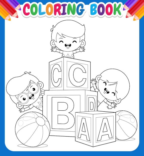 Livro de colorir para crianças. crianças felizes com bloco do alfabeto