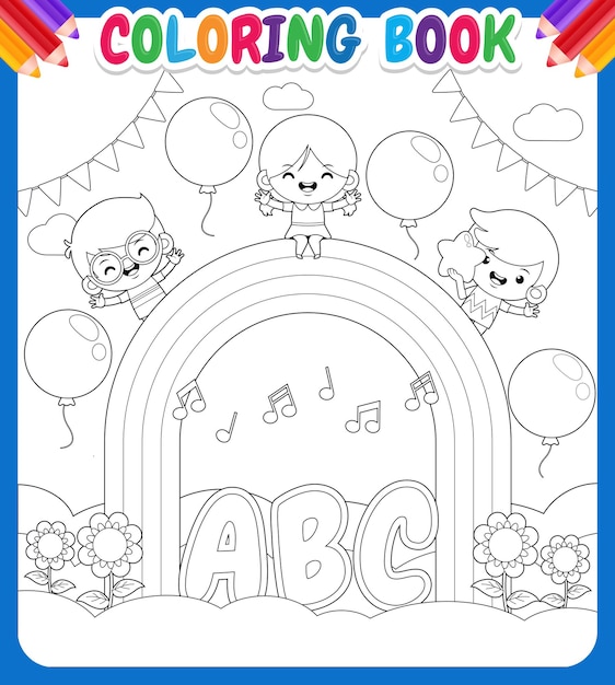 Livro de colorir para crianças. crianças felizes no rainbow sky garden