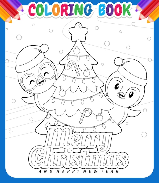 Livro de colorir para crianças cute penguins celebrando o natal