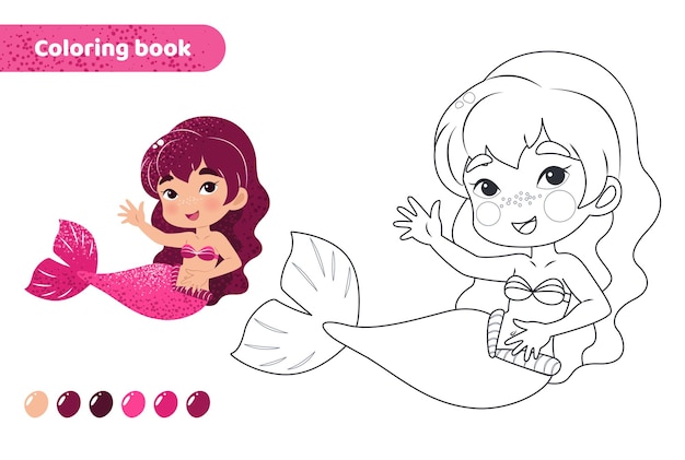 Livro de colorir para crianças ficha de trabalho para desenhar com sereia de desenho animado criatura mágica bonita