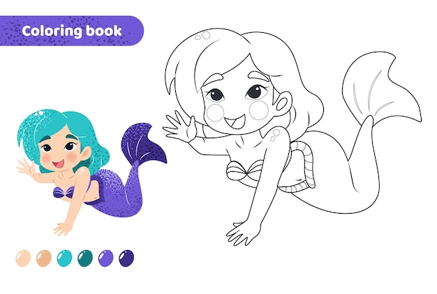 Livro de colorir para crianças ficha de trabalho para desenhar com sereia de desenho animado criatura mágica bonita