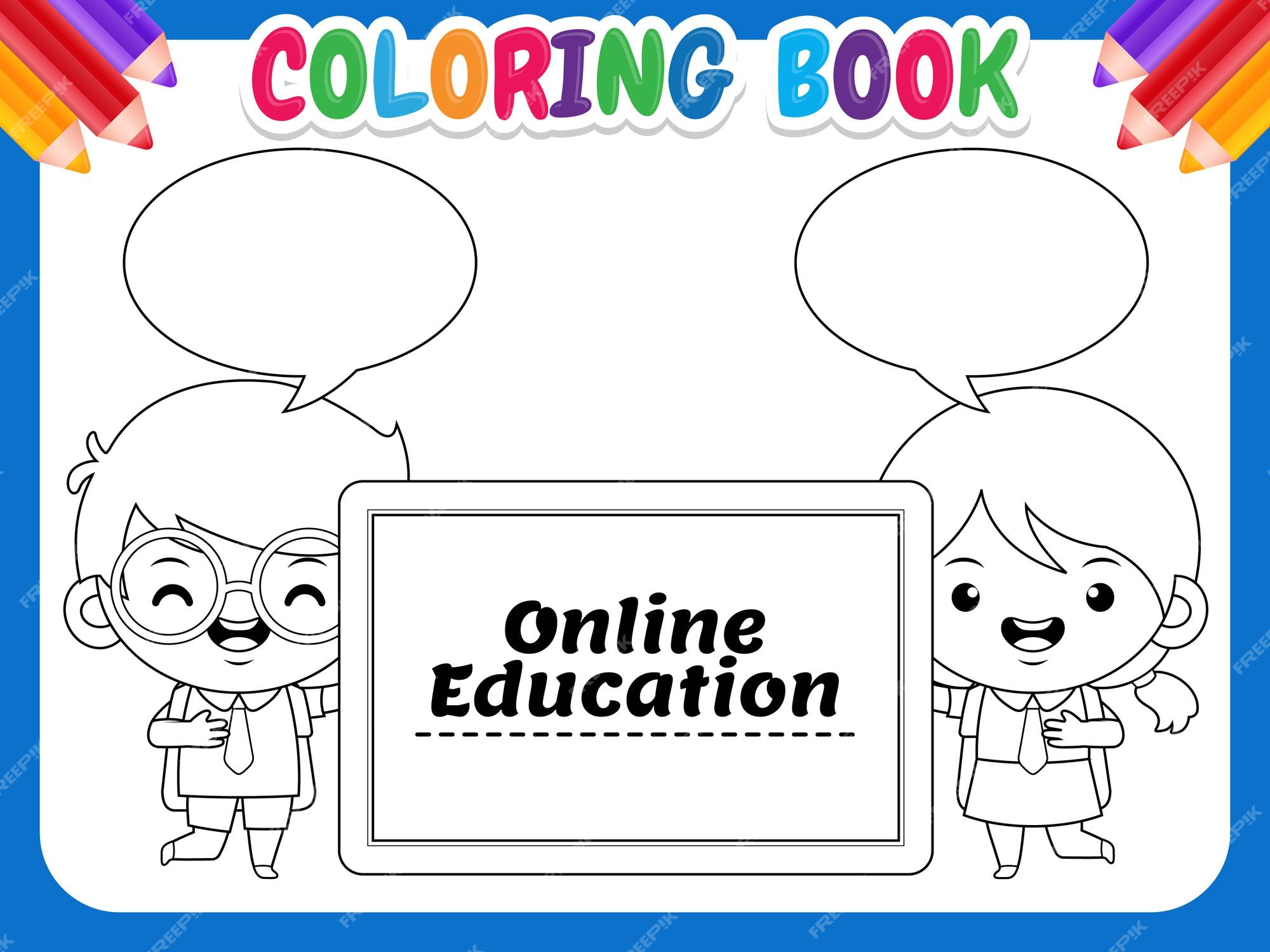 Livro de colorir para crianças ilustração com um lindo desenho de menina e  menino ensinando sobre educação online