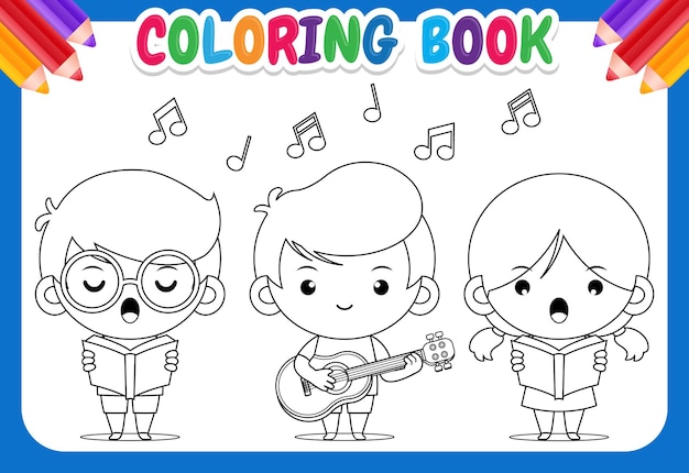 Livro de colorir para crianças menino bonito tocando violão e crianças cantando