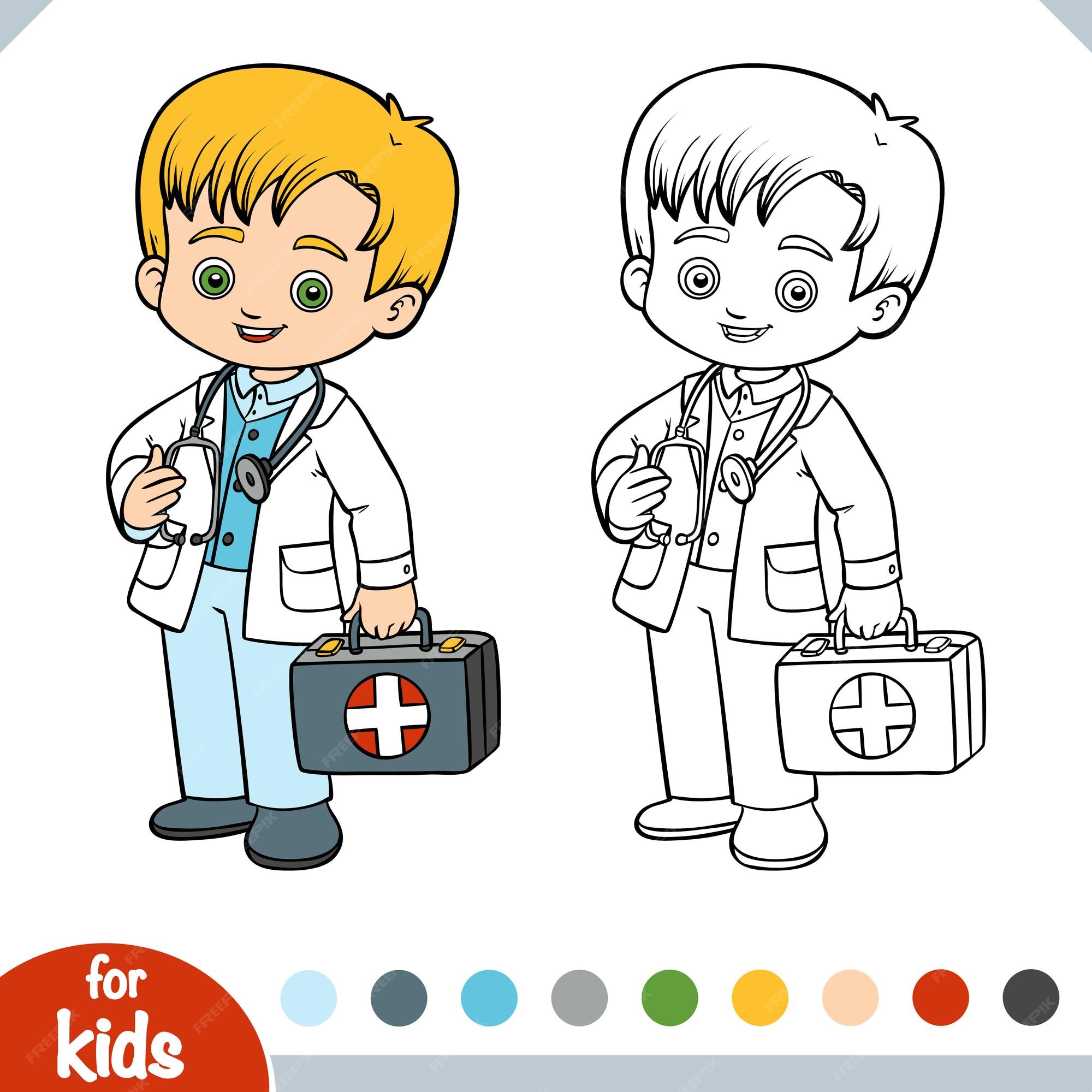 Livro de colorir para crianças personagem de desenho animado menino médico