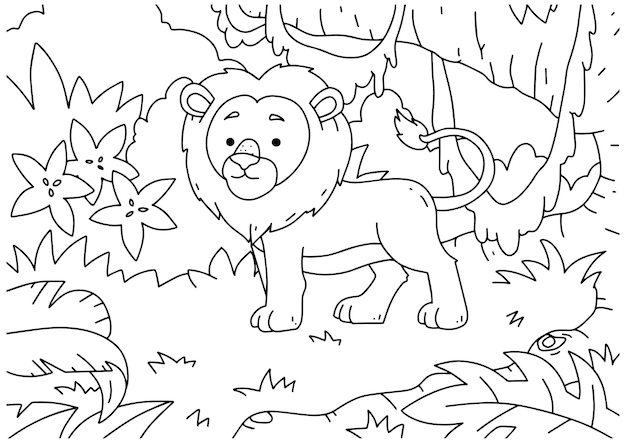 Livro de colorir para crianças, página 2, ilustração da floresta de leões