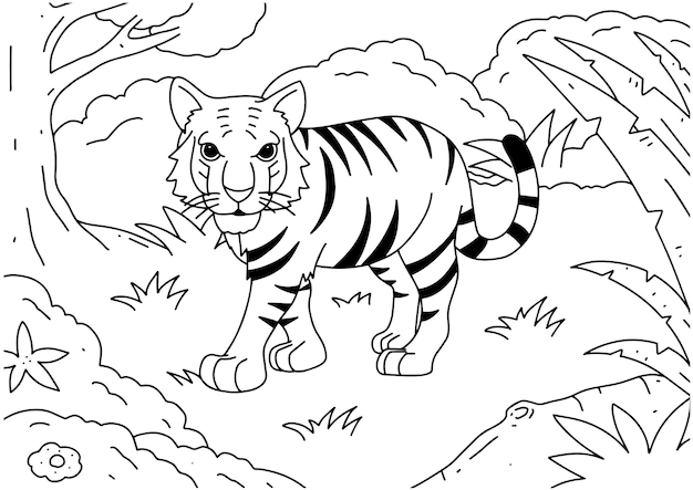 Livro de colorir para crianças, página 4, ilustração de tigre