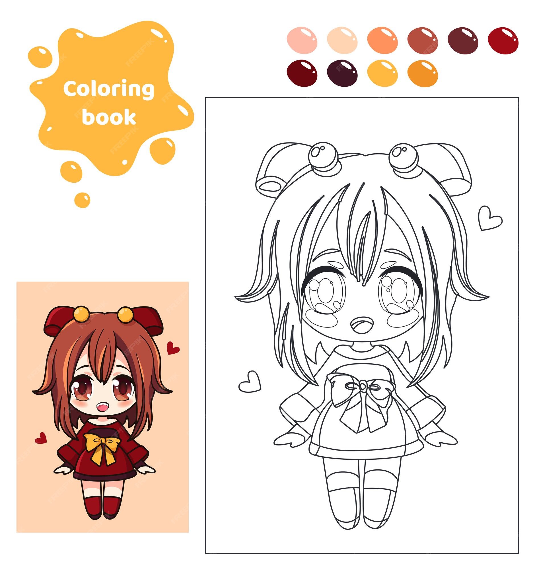 Livro de colorir para crianças planilha para desenhar com menina de anime  de desenho animado em vestido