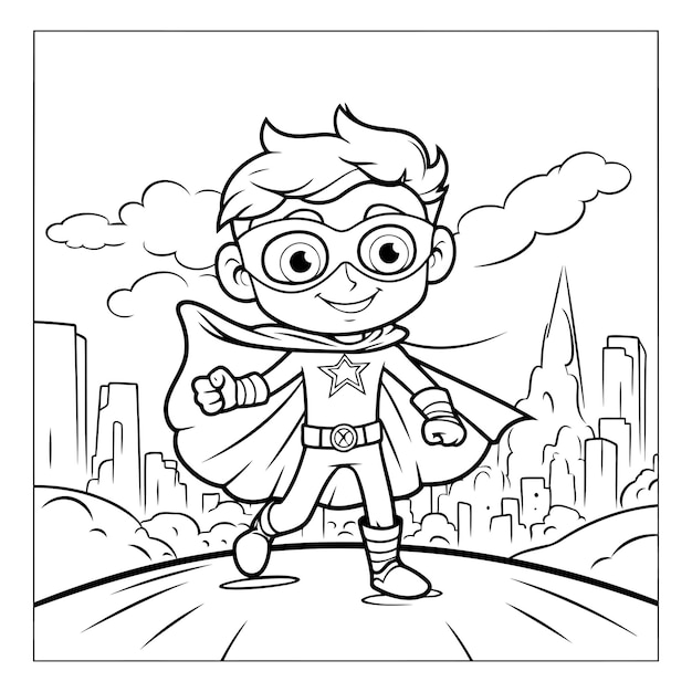 Vetor livro de colorir para crianças super-herói menino na cidade