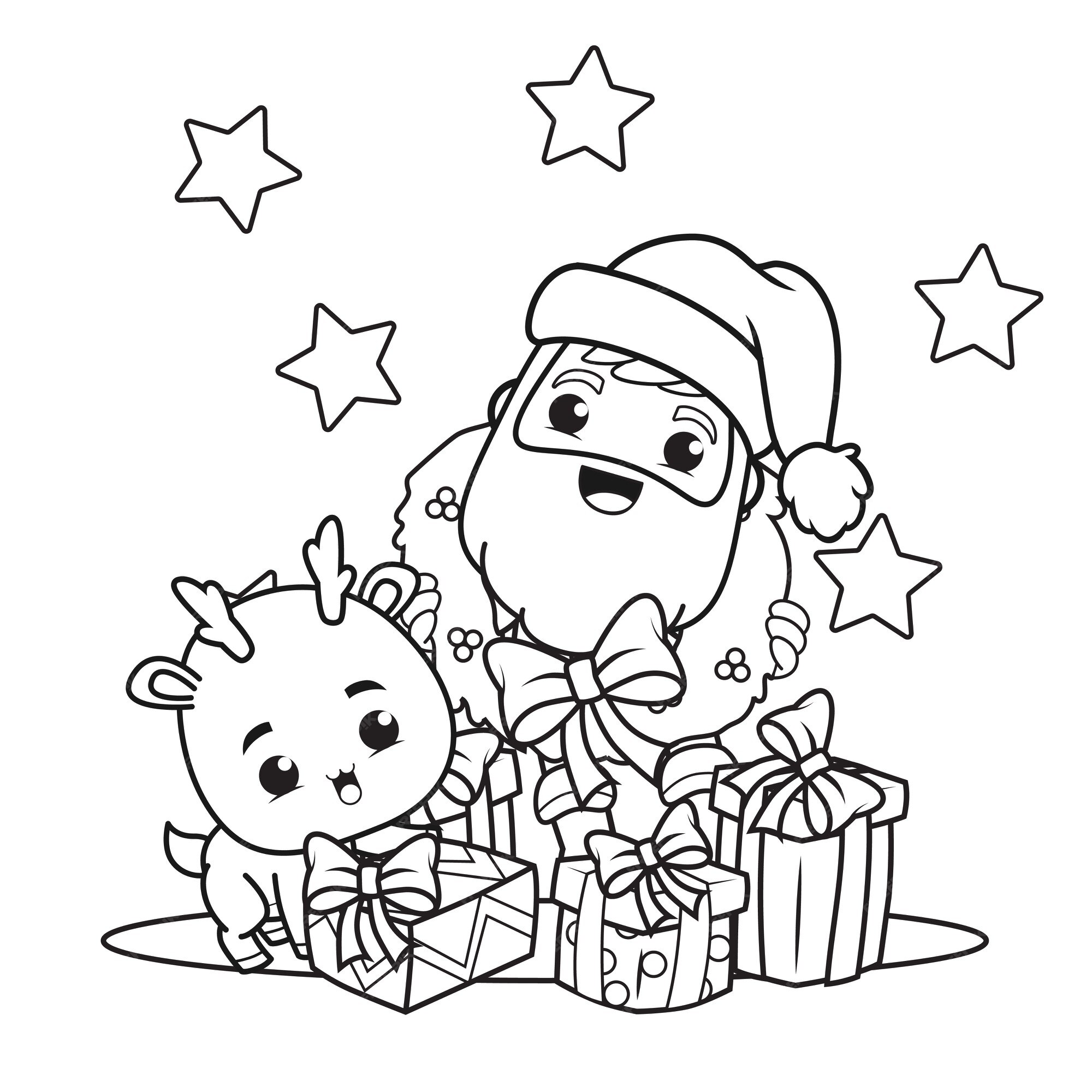 Desenho para colorir com cervos bonitos e luzes de Natal. Livro