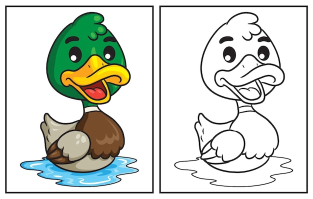 Vetor livro de colorir pato fofo página para colorir e personagem de clipart colorido ilustração de desenho vetorial