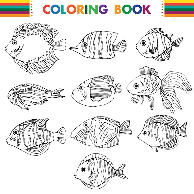 Livro de colorir peixe ilustração vetorial de animais marinhos desenhados à mão