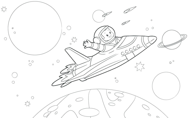 Vetor livro de colorir: um astronauta voa em uma nave espacial entre os planetas e acena com a mão em saudação. ilustração vetorial no estilo cartoon, arte em preto e branco