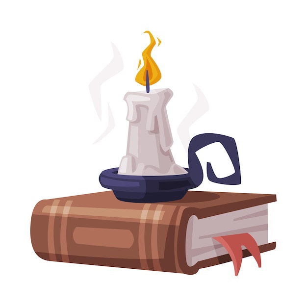 Vetor livro de feitiços e vela ardente em candelabro atributo de feitiçaria feliz halloween objeto ilustração vetorial de estilo de desenho animado