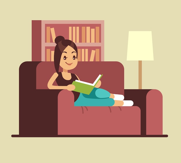 Livro de leitura da jovem mulher no sofá. relaxando em casa conceito de vetor. menina ler livro no sofá, estudo e educação ilustração