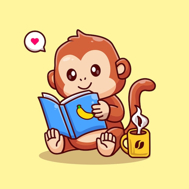 Livro de leitura de macaco bonito com ilustração de ícone de vetor de desenho animado de café. Educação Animal Isolada