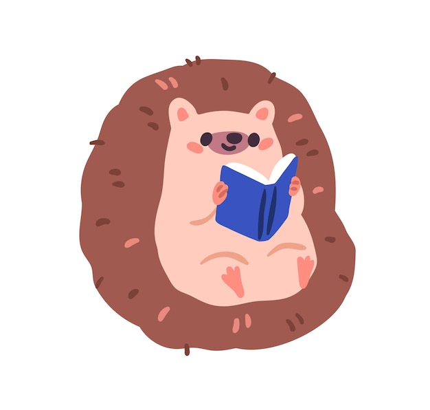 Vetor livro de leitura de ouriço bonito animal bebê engraçado leitor feliz kawaii personagem da floresta adorável estudando aprendendo relaxante crianças conto de fadas ilustração vetorial plana isolada em fundo branco