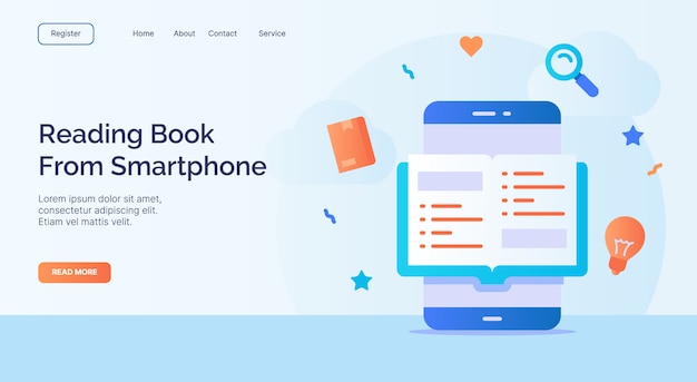 Livro de leitura do smartphone para o modelo de página de aterrissagem de página inicial de site web campanha com design de estilo plano moderno de cor cheia.