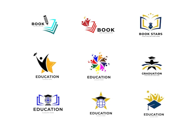 Livro de logotipo de educação, lápis, terra, toga, modelo de vetor de pessoas.